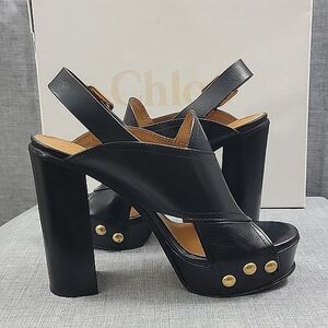 Chloe Mischa Black Leather Platform Heel Slingback shoe Gold buckle women's 39.5